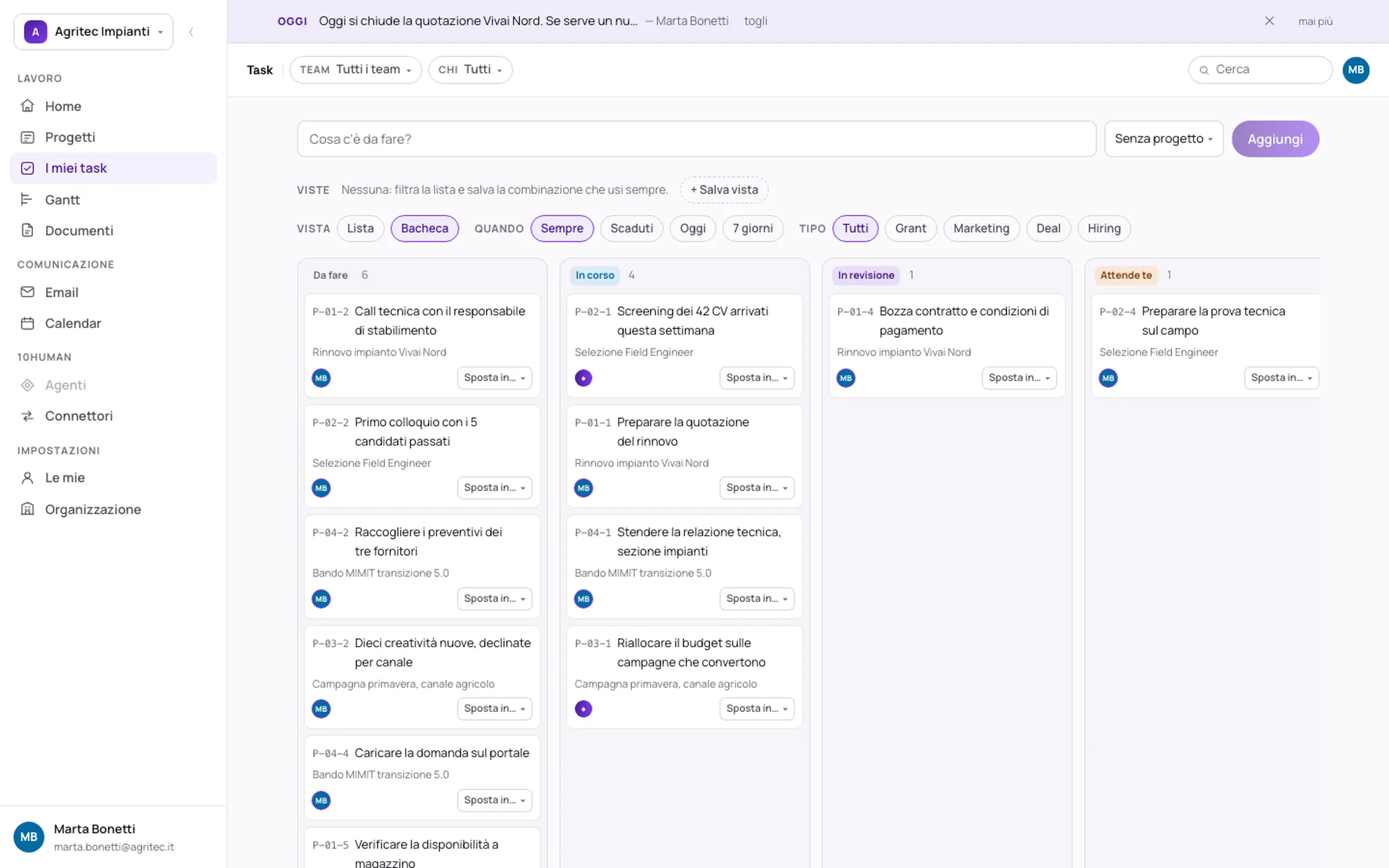 La bacheca dei task della dashboard 10Human, con le colonne Da fare, In corso, In revisione e Attende te