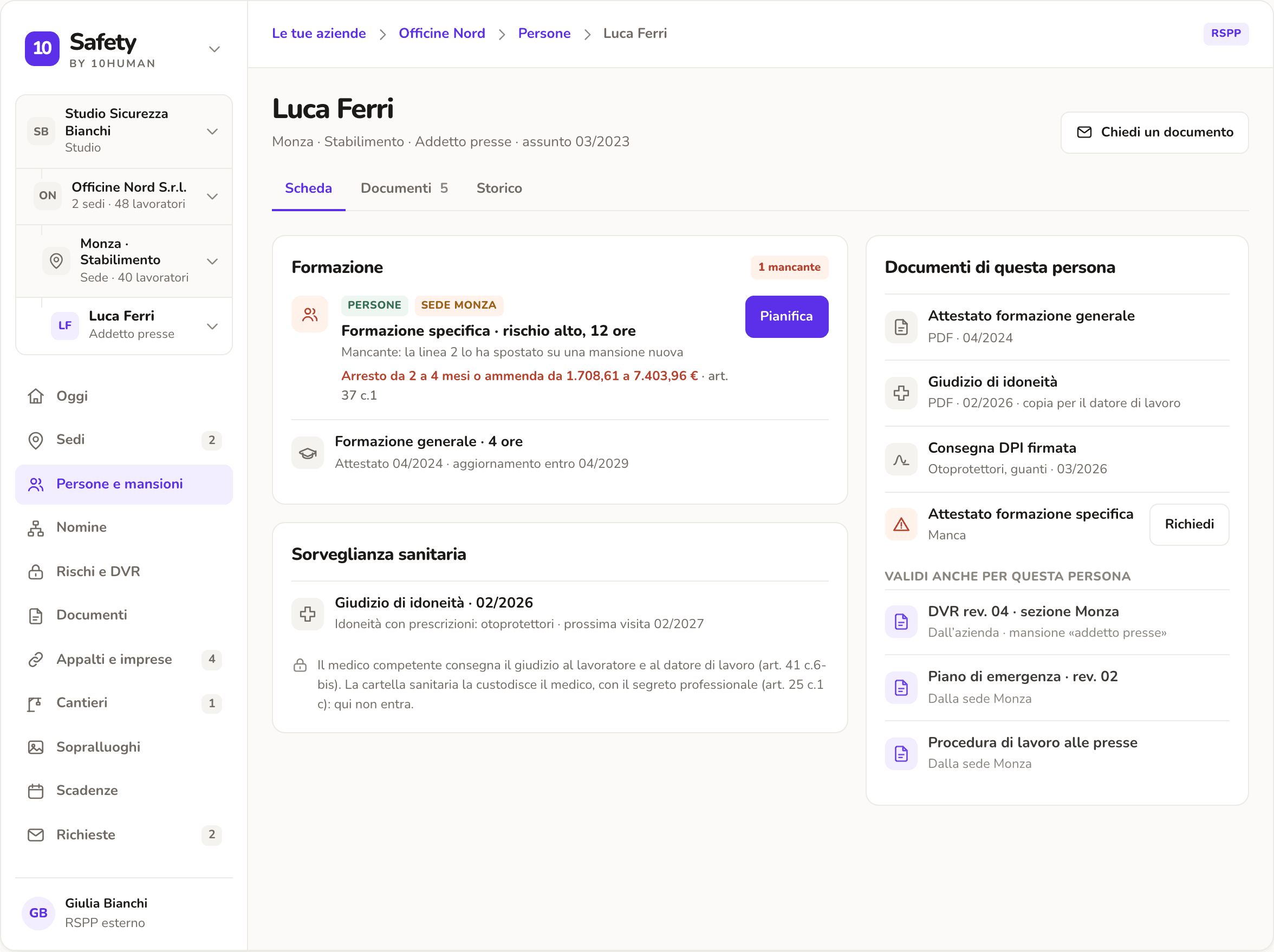 La pagina di una persona: formazione, sorveglianza sanitaria e documenti